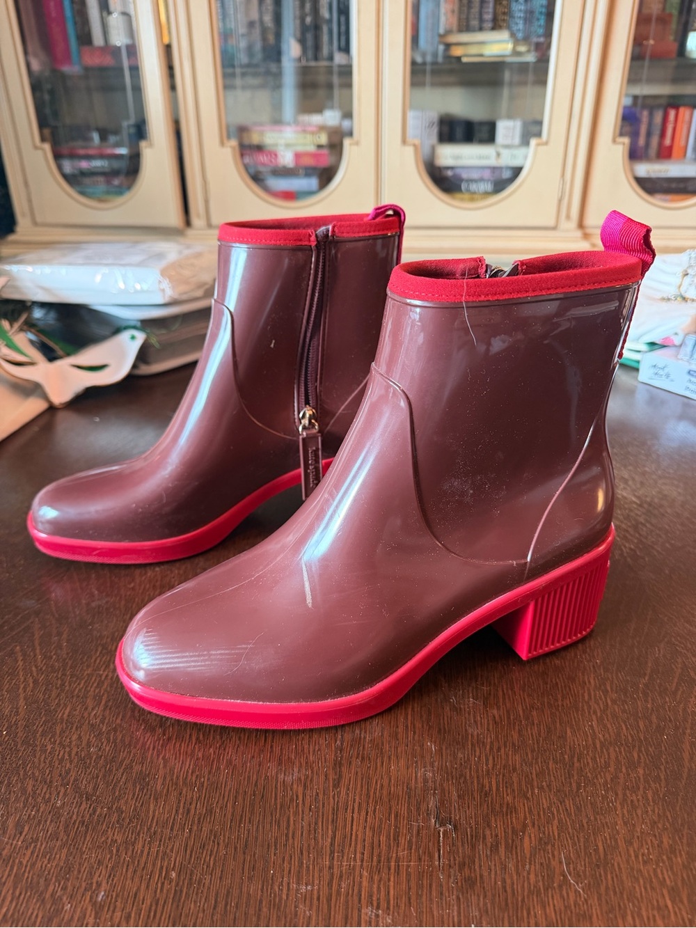 kate spade Brown and Pink Chunky Heel Rain Ankle Boots
